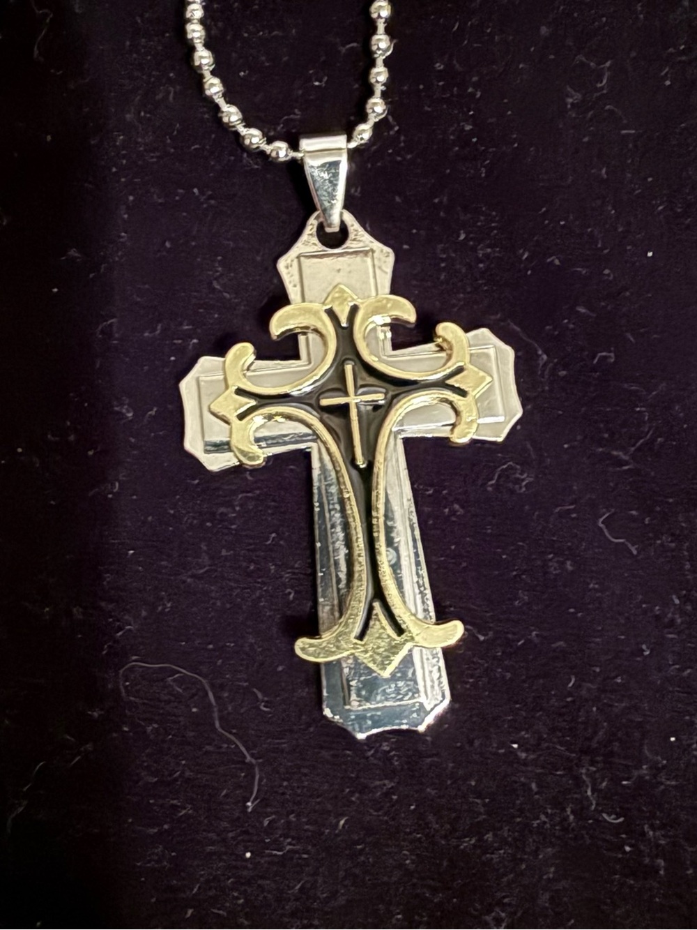 Silver-Tone Cross Pendant Necklace - Black, Gold Accents on Beaded Chain- NWOT
